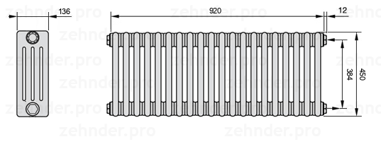 Схема (чертеж) Радиатор Zehnder Charleston 4045/20 №7610 Белый глянцевый RAL 9016